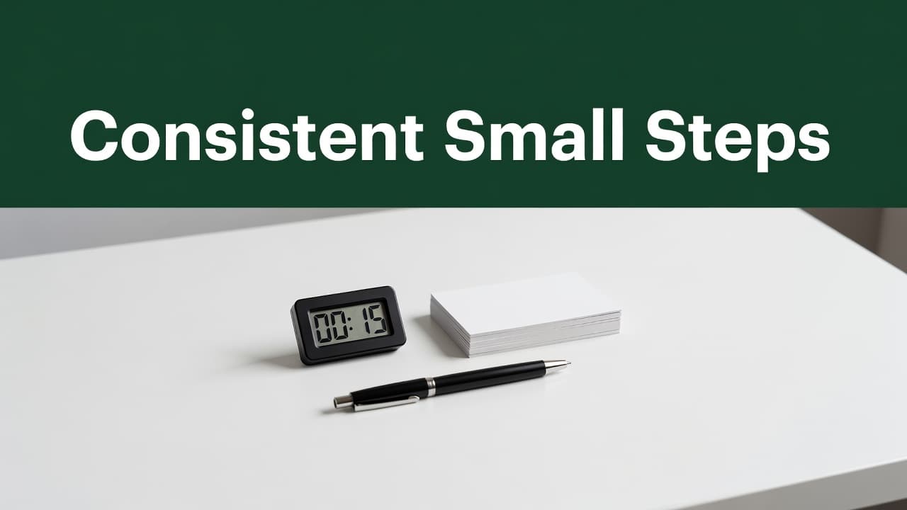 A digital timer rests on a pristine white desk beside a black pen and neat stack of index cards. The header features a bold dark-green band displaying white minimalist text.