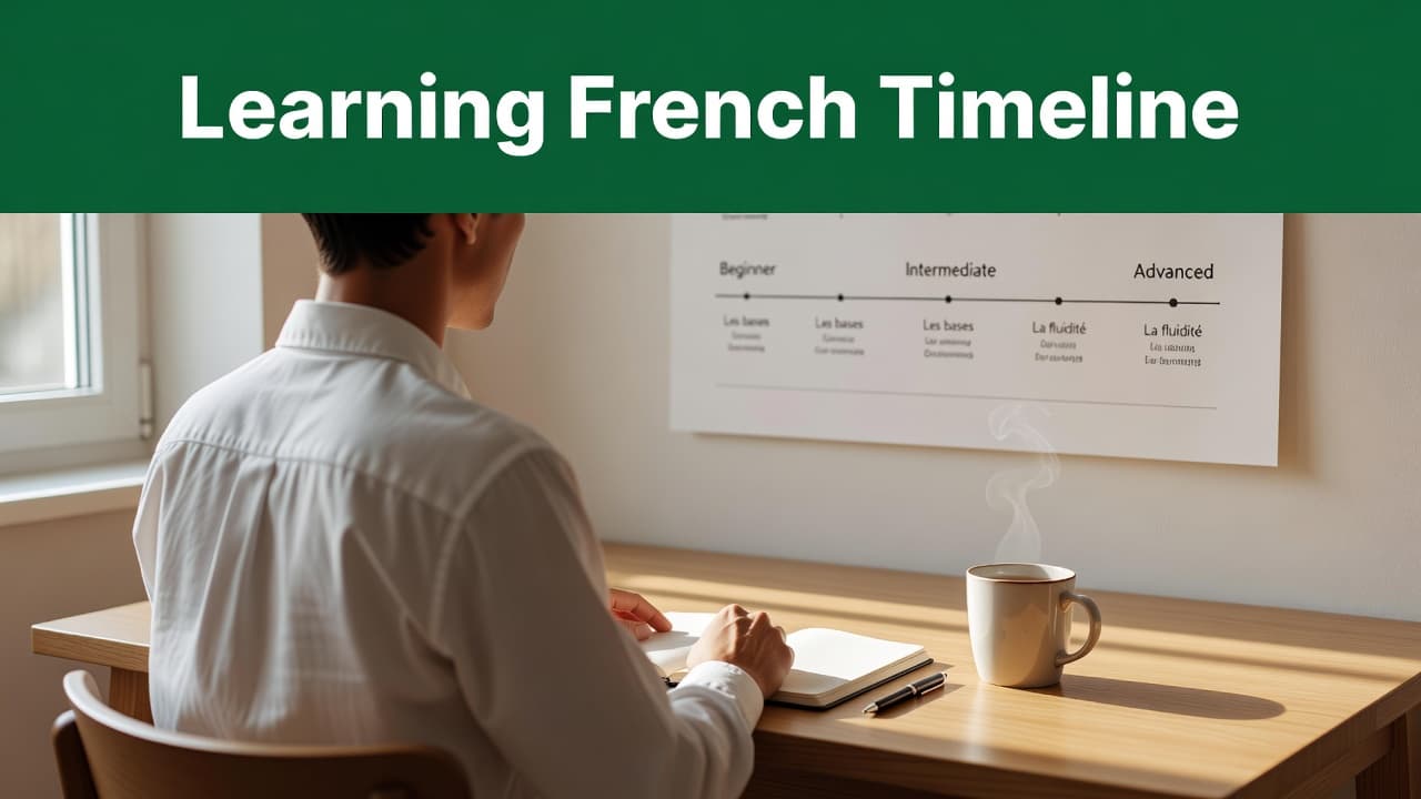 A person sits at a minimalist desk with an open notebook and steaming tea. Warm sunlight creates soft shadows, while a bold green header frames the text showing learning milestones.