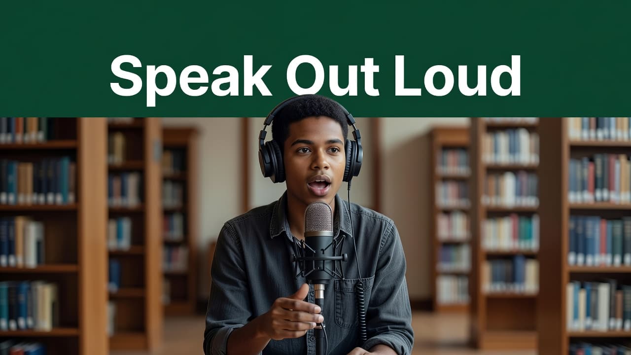 A focused individual wearing headphones speaks clearly into a professional black studio microphone. The background features the blurred shelves of a quiet library, framed by a bold green header strip above.
